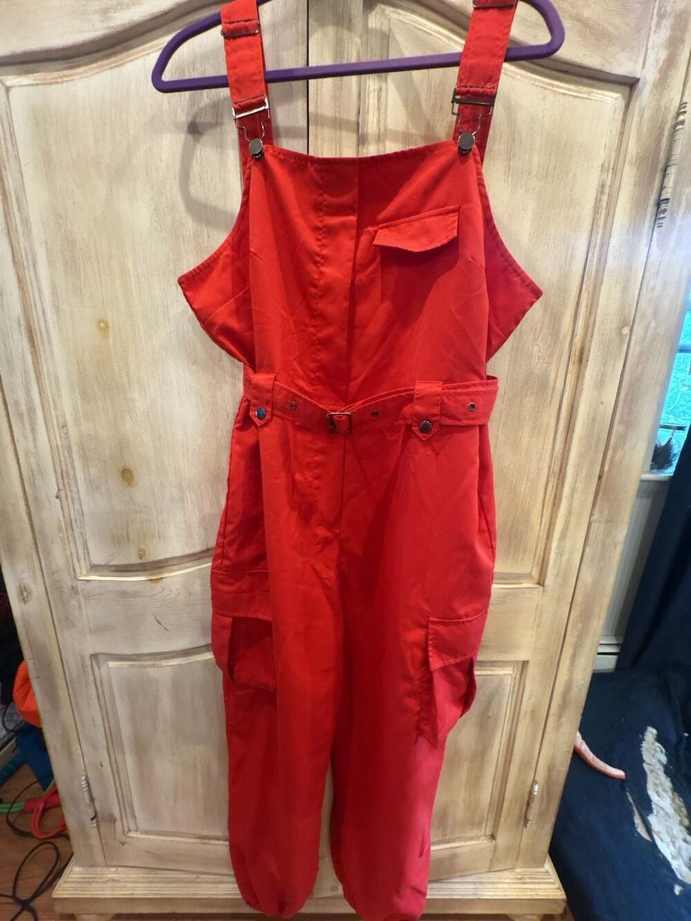 Unbranded Cargo Jumpsuit Size XL Red Polyester Overalls Belted Sleeveless